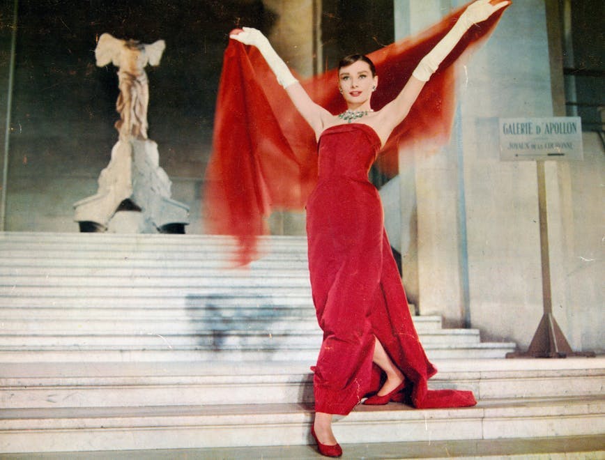 1950s comedy fashion france louvre musical paris red dress romance winged victory dance pose leisure activities performer person human dance flamenco